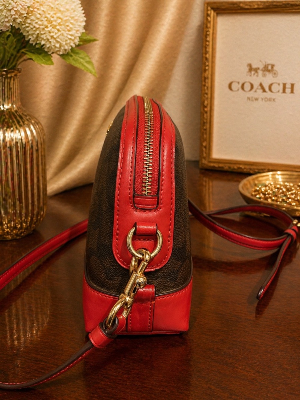 Coach Dome Crossbody in Signature Brown Coated Canvas & True Red Leather Trim - Picture 5 of 11